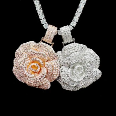 Hip Hop Iced ROSE Flower Pendant Necklaces Bling CZ Chain Charm Fashion Jewelry - Image 1 of 4