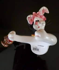 Easter Rabbit Wine Bottle Stoneware Holder Unique Pink Bow Basket Eggs Rare - Picture 1 of 6