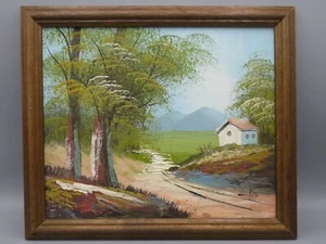Peinture Paysage avec cabane et montagne lointaine 27x23 cm - Picture 1 of 2
