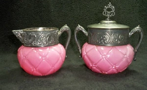 Consolidated Cased Glass Pink Florette Creamer & Covered Sugar Set 1890s Antique - Picture 1 of 22