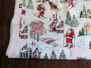 1 Yard/43" 100% Supima Baumwolle - Joann- weißer Druck mit "SANTA Skifahren draußen", NEU BTY - Bild 1 von 9