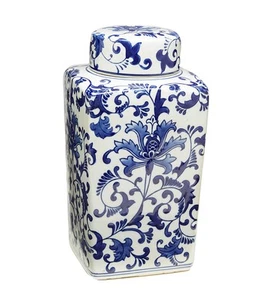 Zeckos 12 1 4 Inch Tall Blue And White Floral Square Jar With Lid - Picture 1 of 3