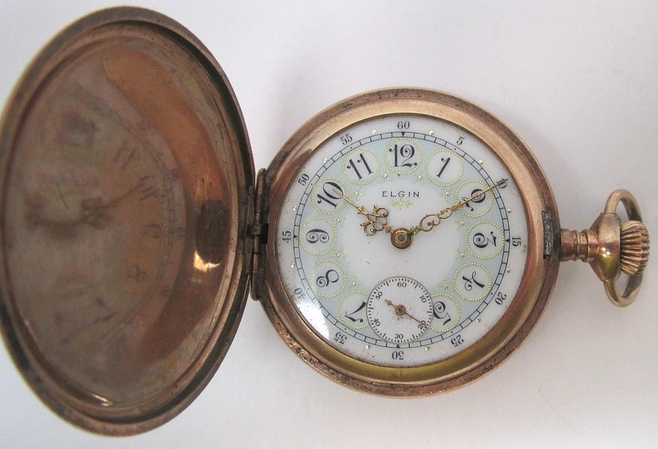 Antiguo Reloj de Bolsillo Elgin Estuche Grabado Lleno de Oro Hermosa Esfera y Manecillas Foto 1 de 4