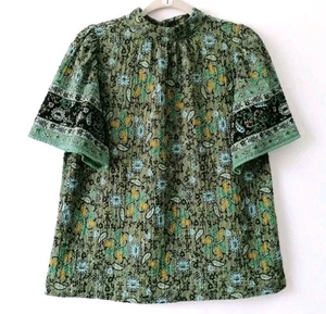 Loft Womens Green Mock Neck Short Sleeve Floral & Paisley Print Blouse Top Sz XL - Picture 1 of 7