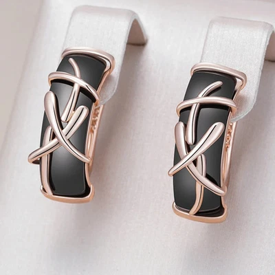 Rose Gold Tone Ceramic Drop Earrings Women Black Branch Classic Metal Jewelry - Image 1 of 4