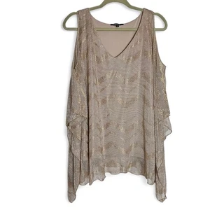 Onyx Nite Damen gold transparent Chevron Schimmer Wasserfall ärmellos Bluse Top Gr. L - Bild 1 von 14