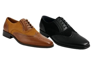 Zapatos de boda formales inteligentes de gamuza con patente negros con cordones brogue para niños - Imagen 1 de 10