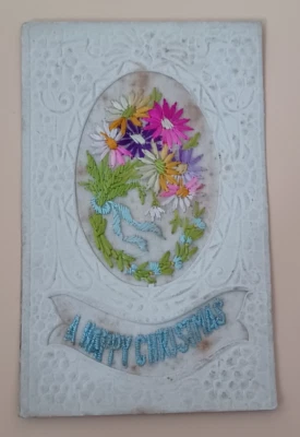 Silk Embroidered Postcard WW2 Happy Christmas - Image 1 of 3