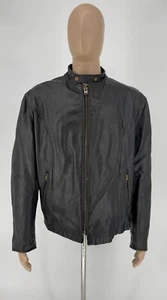 Vintage 90s Black Full Zip Leather Biker Motorcycle Jacket Size Large - Picture 1 of 19