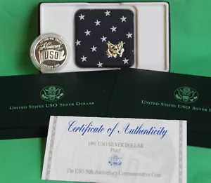 1991 S Proof USO Silver Dollar US Mint Commemorative $1 Coin with Box and COA - Picture 1 of 3