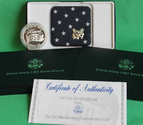 1991 S Proof USO Silver Dollar US Mint Commemorative $1 Coin with Box and COA Cover