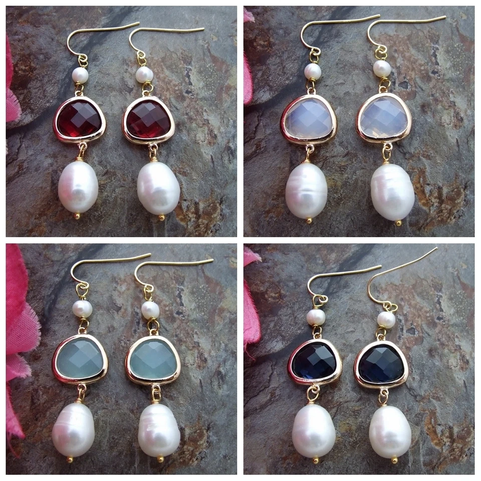 Pendientes de gancho enchapados en oro de vidrio de perlas de arroz blanco de 10x13 mm Foto 1 de 1