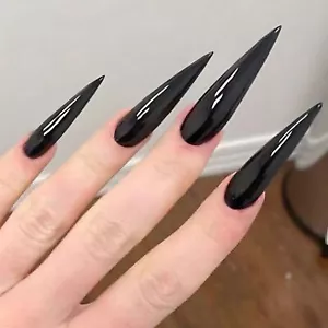 24pcs Glossy Black Fake Nails Set Press On Nail Tips Solid Color Long Stiletto R - Picture 1 of 31
