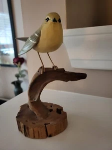 Handmade Painted Blue Winged Warbler Yellow Bird On Driftwood, Stunning - Picture 1 of 13