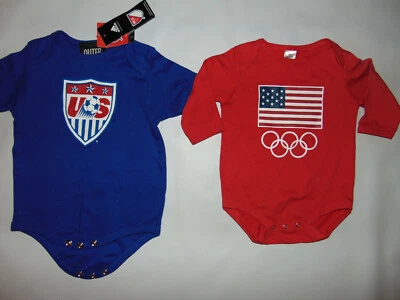 2) BODY EQUIPO EE. UU. Niños Talla 24 y 3/6 Meses M Juegos Olímpicos Fútbol Azul/Rojo NUEVO Foto 1 de 4