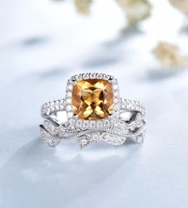 Cushion Cut Natural Brazilian Citrine 925 Solid Silver Vintage Wedding Ring Set - Picture 1 of 6