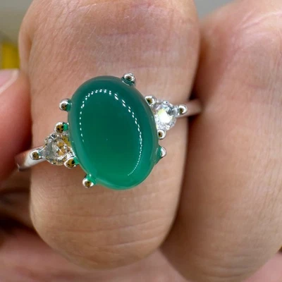 925 Sterling Silver Ring Oval 8x6mm Green Natural Emerald Gemstone Zircon Oval - Image 1 of 4