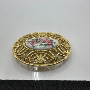 Broche Avon Vintage Forma Ovalada con Rosas Rosas - Imagen 1 de 3