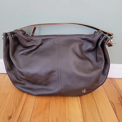 Lauren Ralph Lauren Shoulder Bag Brown Pebbled Leather Hobo Bag Embroidered Logo - Image 1 of 4
