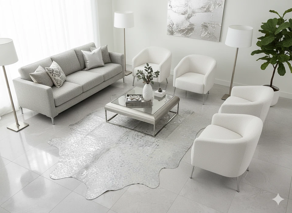 Alfombra metálica Devore de cuero de vaca plateada y blanca lavada con ácido 6x7 pies, grado A, tamaño grande Foto 1 de 4