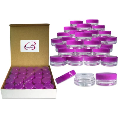 50 Pack 3 Gram/ML Purple Lid Plastic Makeup Cosmetic Cream Sample Jar Containers - Image 1 of 4