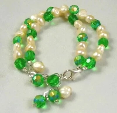 2 Row Genuine Pearl And Green Crystal Sterling Silver Adjustable Dangle Bracelet - Image 1 of 4