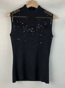 Dressbarn Collection Sweater Black Sleeveless Bead Sheer Pullover Zip Size L NEW - Picture 1 of 9