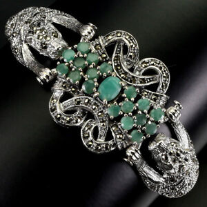 Unheated Oval Emerald 7x5mm Marcasite 925 Sterling Silver Tiger Bracelet 7.5 Ins
