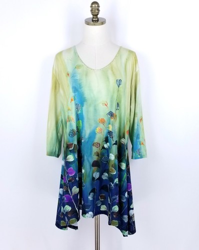 VALENTINO Abito tunica Valentina manica corta taglia XL verde blu strass floreale