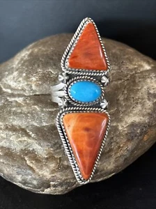 Womens Turquoise & Spiny Oyster Navajo Sterling Silver Ring Size 6.5 14505 - Picture 1 of 12