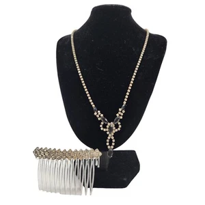 Vintage Rhinestone and Black Beaded Necklace and Rhinestone Hair Comb READ - Picture 1 of 7