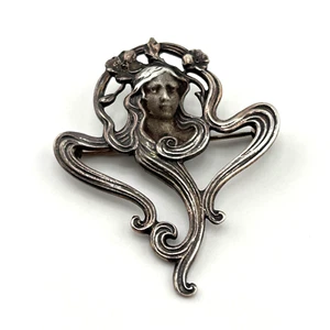 Vintage Art Nouveau Style Silver-Tone Brooch - Flowing Maiden with Floral Detail - Picture 1 of 5