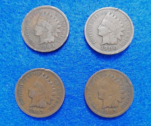 Lot of 4 INDIAN HEAD Cents/Pennies: 1897, 1900, 1903 & 1907, 4 Diff Full Dates💎 Cover