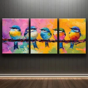 Arte de pared lienzo 3 piezas pájaros encaramados en rama sin marco/enmarcado - Imagen 1 de 8