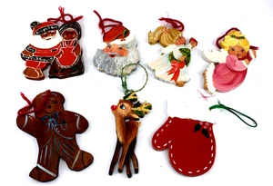 Wood Hand Painted Christmas Ornaments Rustic Country Folk Art 5" Tall Set of 7 - Picture 1 of 10