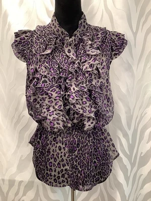 Blusa Miley Cyrus X MaxAzria Púrpura Leopardo Volantes Delantero Manga Gorra XL Foto 1 de 4