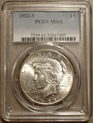 1922-S Peace Silver Dollar, San Francisco Mint, Roll Fresh Luster, PCGS MS61 - Image 1 of 2