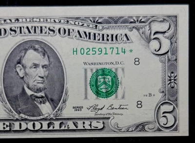 Billete de 5 dólares de la Reserva Federal 1993 - billete estrella - bloque H/* sin circular FR # 1983-H* Foto 1 de 4