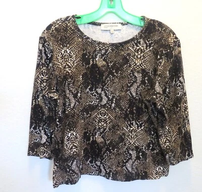 Jones New York Top Sz XL Brown Black Snakeskin Pattern 3/4 Sleeve 100% Cotton - Image 1 of 3
