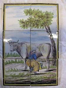 antikes Fliesentableau Kuh Utrecht polychrome Kachel Tegel Dutch Tiles 19.Jh - Bild 1 von 8