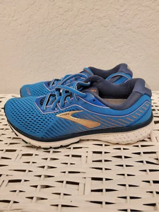 BROOKS GHOST 12 BLUE W/GOLD TRIM RUNNING SHOES  WOMEN SIZE 7 PRE-OWNED - Picture 1 of 9