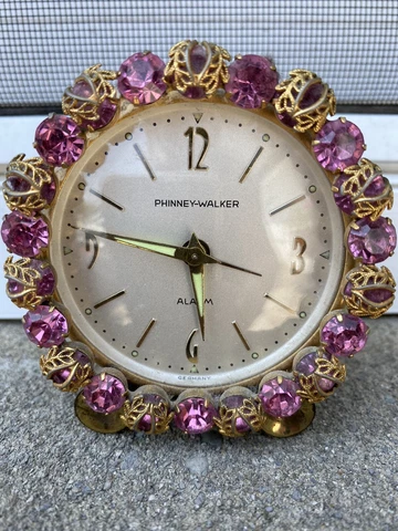 Vintage Phinney Walker Pink  Gems Jewel Filigree Rhinestone Jeweled Alarm Clock Cover