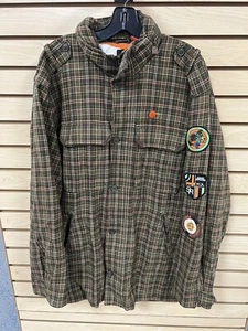 Massive Revolution Brown Plaid Jacket Coat Mens Size XXL Patches Hooded - Picture 1 of 12