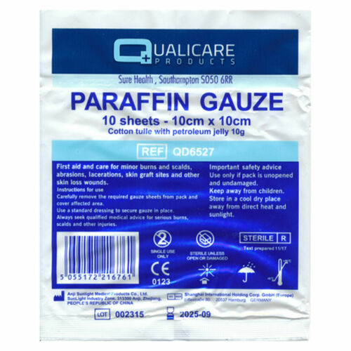 Paraffin Gauze 10cm x10cm Packs -10 Dressings Sterile First Aid Wound Burn Scold