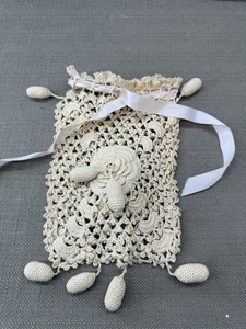 Vintage 1900s Crochet Drawstring Purse w/ Tassels & Roses Antique Handmade Bag - Picture 1 of 9