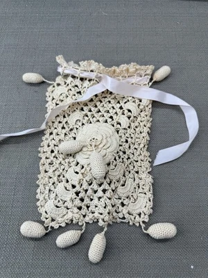 Vintage 1900s Crochet Drawstring Purse w/ Tassels & Roses Antique Handmade Bag - Image 1 of 4