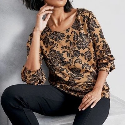 Blusa Top Soft Surroundings Estampado Damasco Manga Larga Cuello Redondo Talla Grande 2X Foto 1 de 4