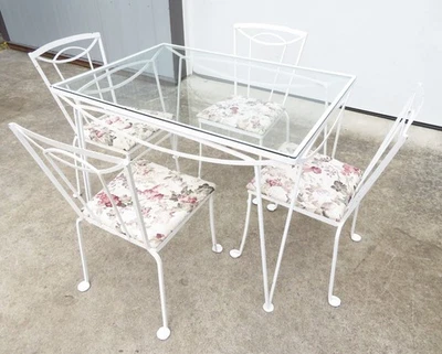 VTG Mid Century SALTERINI WROUGHT IRON PATIO GARDEN CHAIRS TABLE SET White RETRO - Image 1 of 4