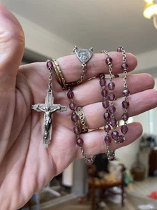 antique French Glass Rosary Purple Silver Prayer 17” Chaplet Sacred Heart - Imagen 1 de 16