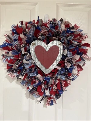 Handmade Fabric Rag Wreath Heart Shape Patriotic Valentine NEW - Image 1 of 4